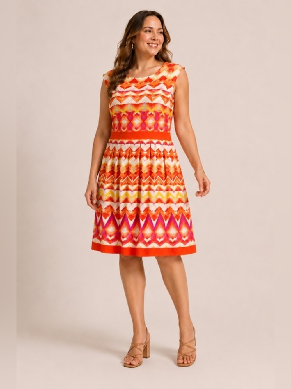 Sandra Darren Chevron Fit Flare Midi Dress Bright Geometric Print Sleeveless
